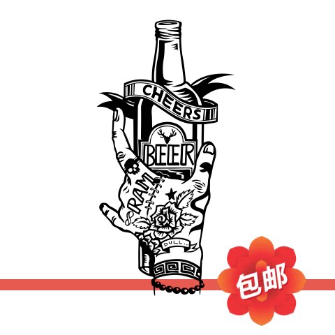 啤酒瓶干杯墙贴画纹身刺青店料理店酒吧ktv镂空装饰玻璃门墙贴纸