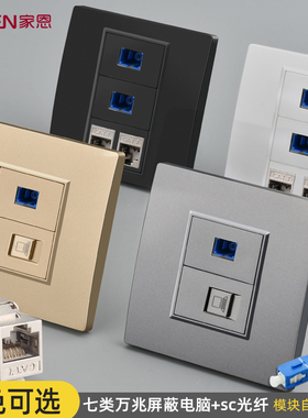 86型两位7七类网线面板万兆屏蔽免打线电脑网络插座带+SC光纤插孔