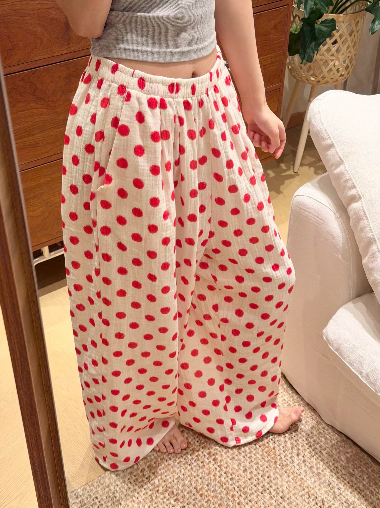 夏季薄款红波点宽松睡裤女