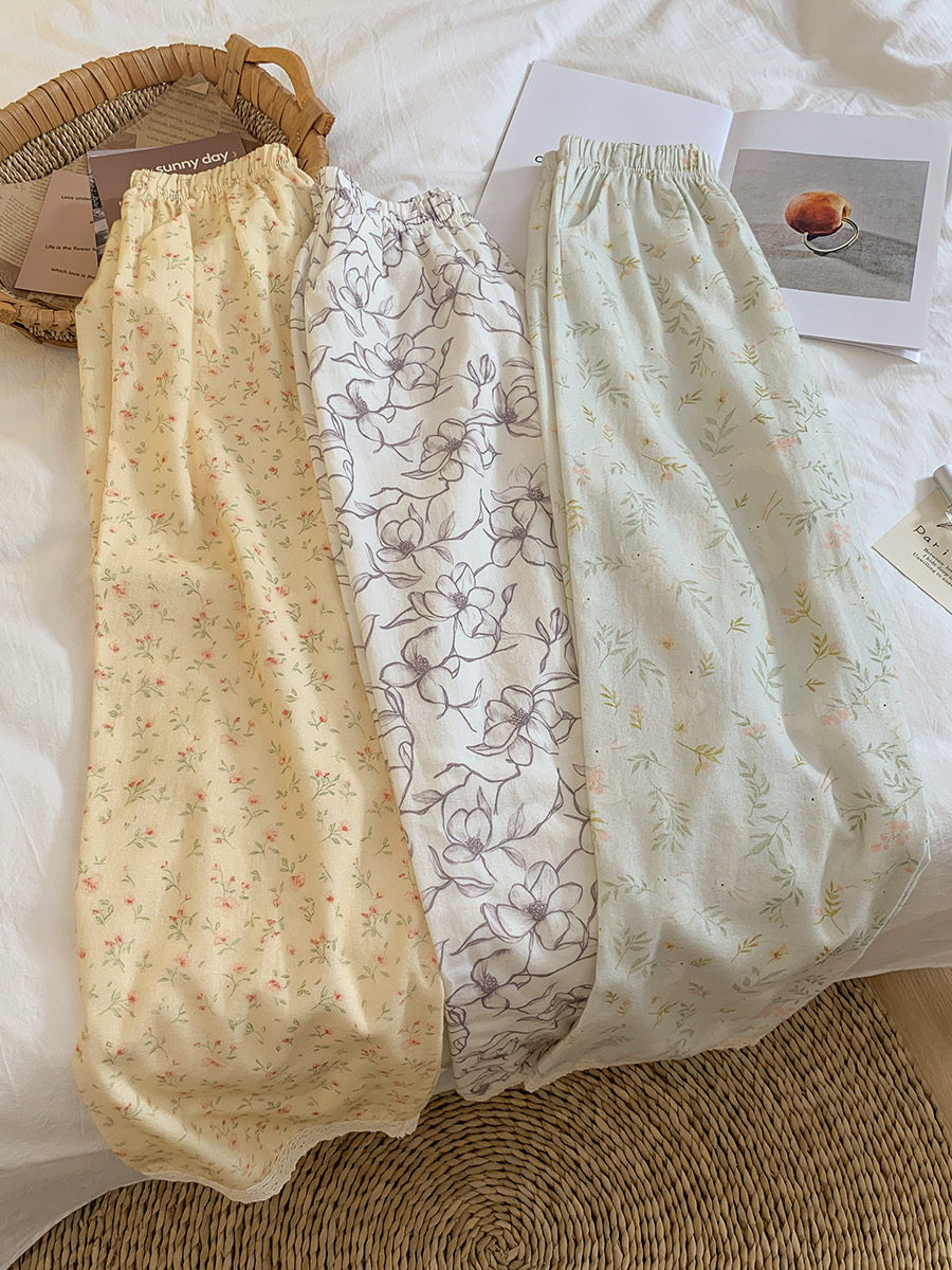 韩系甜美少女纯棉磨毛蕾丝花边碎花睡裤居家慵懒风宽松垂感居家裤