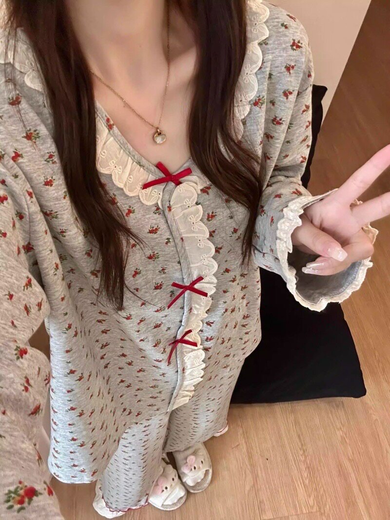 韩版甜美碎花蕾丝女睡衣套装