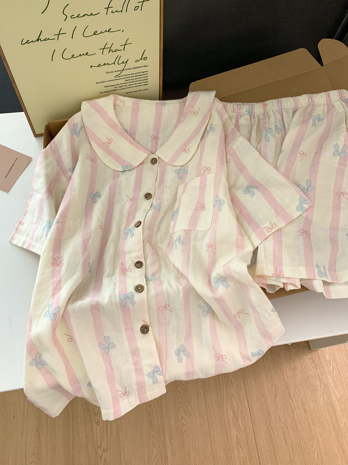 粉色碎花蝴蝶结睡衣女夏季纯棉双层纱布娃娃领短袖宽松家居服