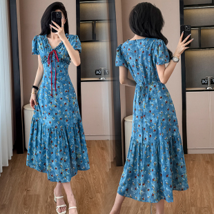 扎染天丝连衣裙女2026夏季 茶歇显瘦V领碎花长裙子 新品