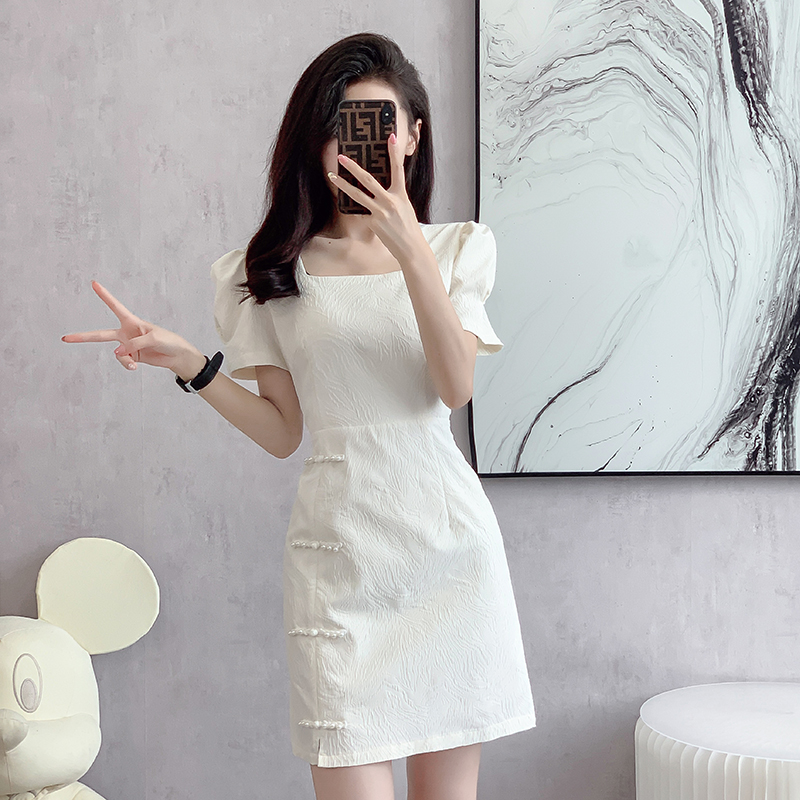 旗袍裙方领夏季收腰小个子