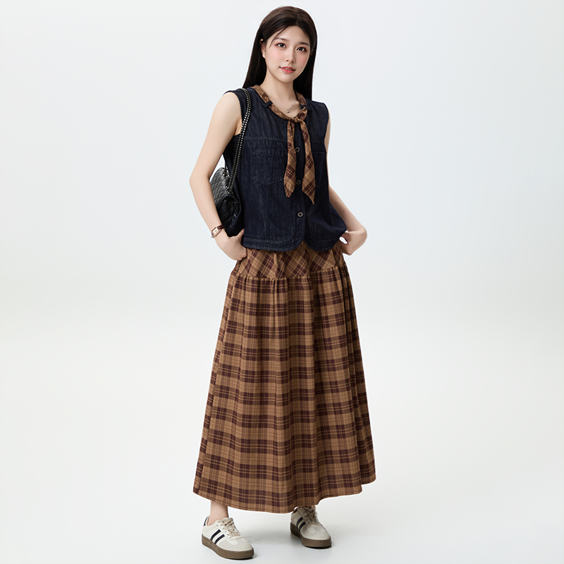 复古短款牛仔马甲女款2025新款高级感巨好看的套装格子长裙两件套