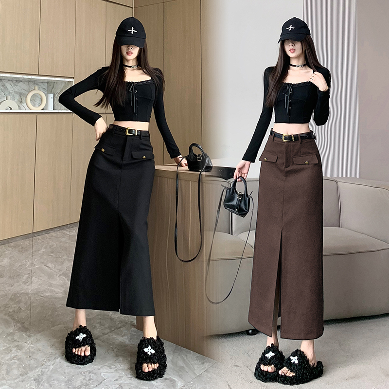 高级感毛呢半身裙高腰显瘦女2025秋冬季中长款复古直筒开叉裙子