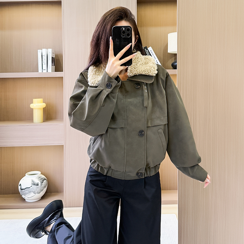 2025冬季新品复古工装短款可拆卸毛领麂皮pu棉服皮夹克外套