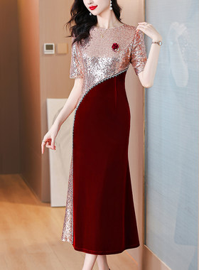 2026夏季新款高端喜婆婆婚宴装年会礼服红色拼接短袖连衣裙