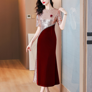 2026夏季新款高端喜婆婆婚宴装年会礼服红色拼接短袖连衣裙