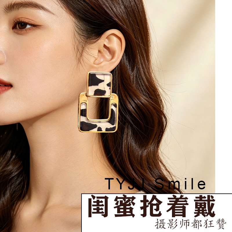 轻奢设计师豹纹几何方形耳环高级