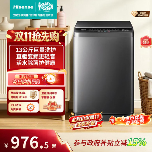 海信13公斤大容量全自动波轮洗衣机家用租房活水除螨洗脱一体N5S