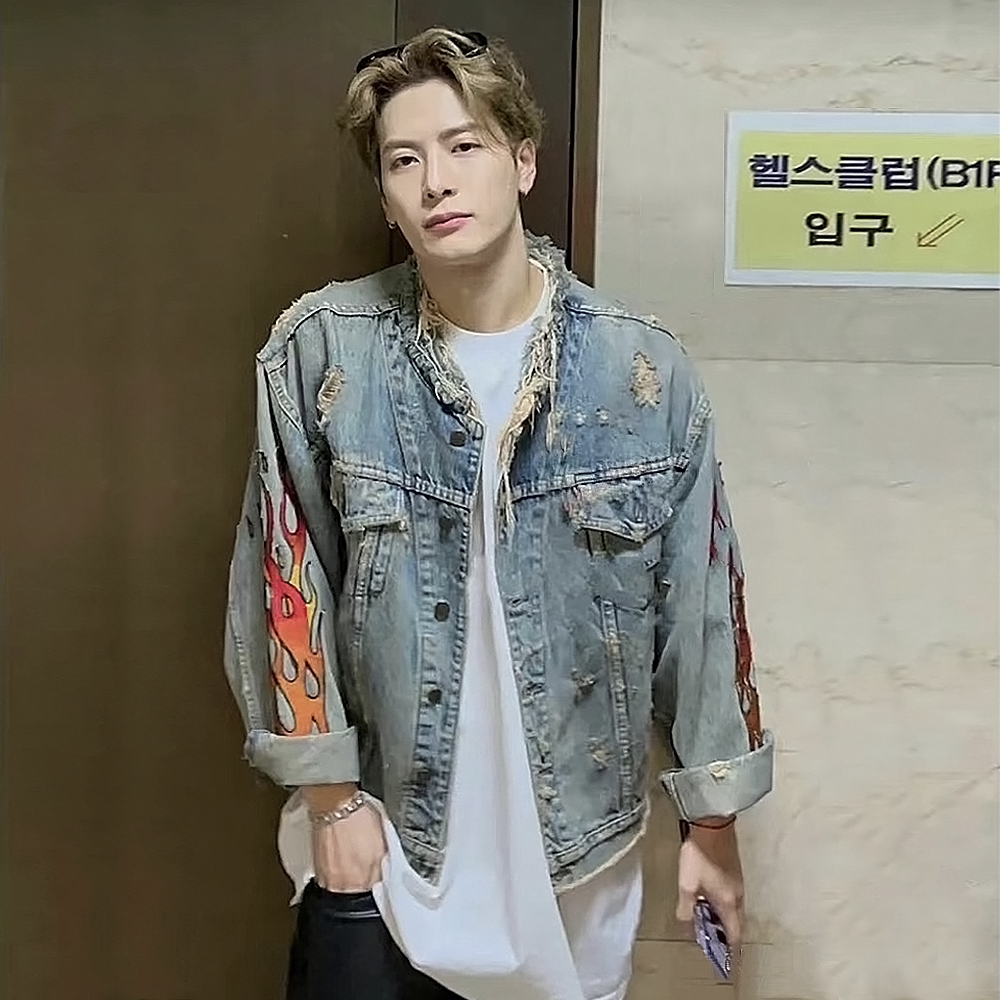 王嘉尔同款巴黎火焰破洞做旧牛仔夹克美式vintage宽松情侣外套