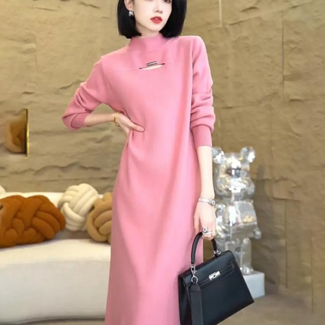 秋冬新款感宽松针织羊毛衫中长款过膝连衣裙女配大衣毛衣裙子