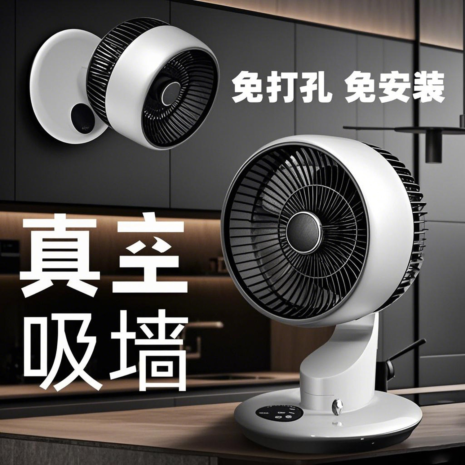 免打孔真空吸盘风扇家用台式静音风扇厨房挂壁风扇卫生间充电风扇
