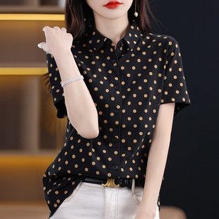 POLO领短袖 新款 女款 夏季 衬衣百搭显瘦打底上衣 弹力棉薄波点衬衫