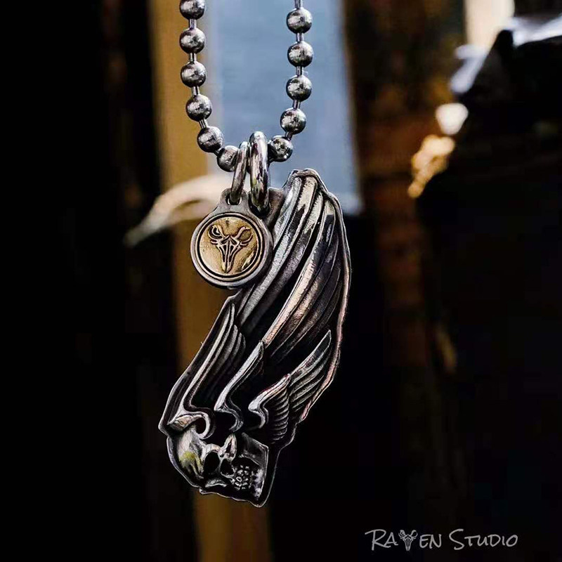 原创公路天使骷髅吊坠手工雕刻银