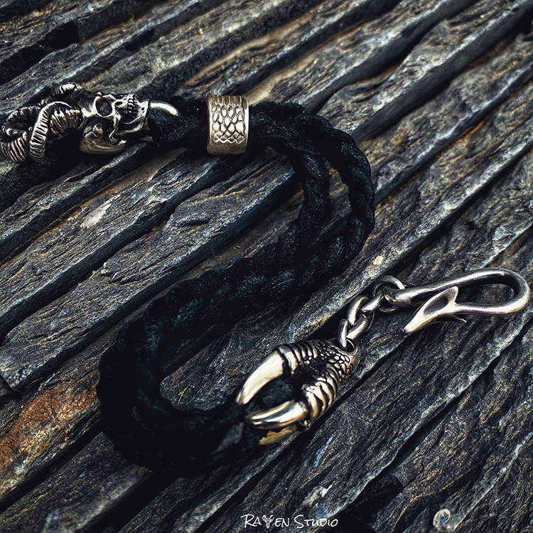 渡鸦暗黑手工编织925银配件手链