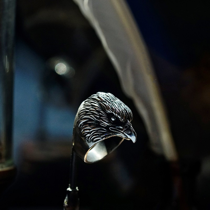 原创渡鸦纯银欧美戒指手工鹰头