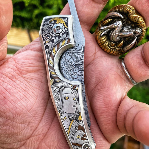 渡鸦浮世绘纯银手柄雕金雪茄刀