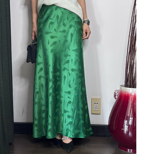 绣绣天原创春夏草绿色提花醋酸松紧腰显长显瘦A字气质长半鱼尾裙