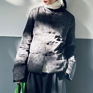 绣绣天原创冬黑色提花织锦缎新中式复古宽松立领短款高档鹅绒服女