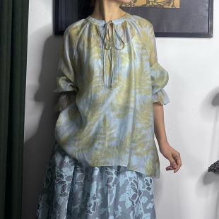 绣绣天原创春夏水色印花宽松波西米亚风套头雅致系带两件套薄上衣