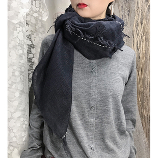 绣绣天原创自制女装秋冬纯麻深藏蓝百搭文艺流苏方围巾