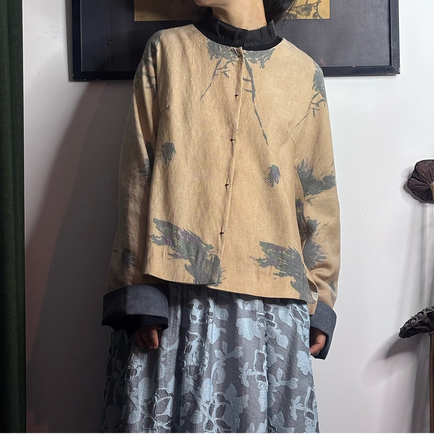绣绣天新中式棉麻印花圆领短外套