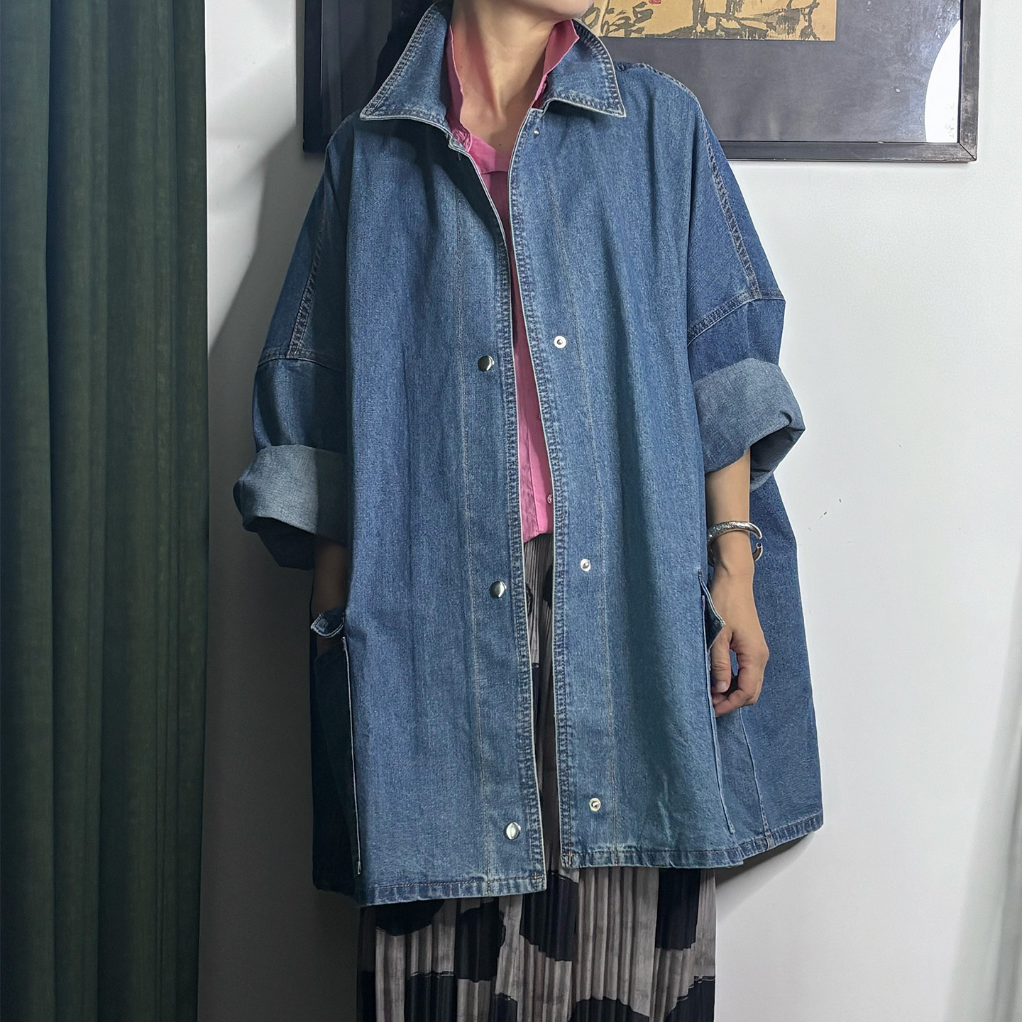 绣绣天落肩大廓形牛仔棉风衣外套