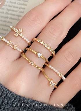 「嗔三酱」锆石珍珠十字架开口戒指个性简约时尚气质食指戒手饰女