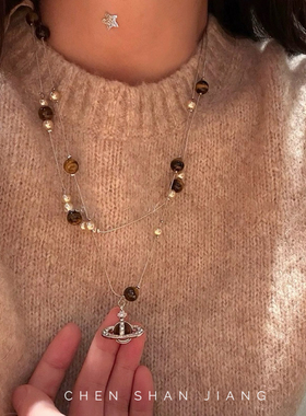 「嗔三酱」双层珍珠虎眼石土星吊坠项链美拉德复古锁骨链小众项饰
