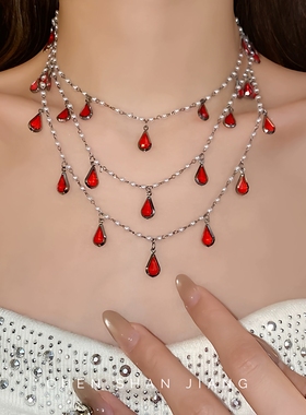 「嗔三酱」镶钻多层珍珠串珠流苏项链暗黑甜酷风锁骨链轻奢项饰女