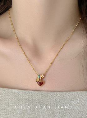 「嗔三酱」18k真金电镀锆石滴油爱心项链复古时尚气质锁骨链项饰