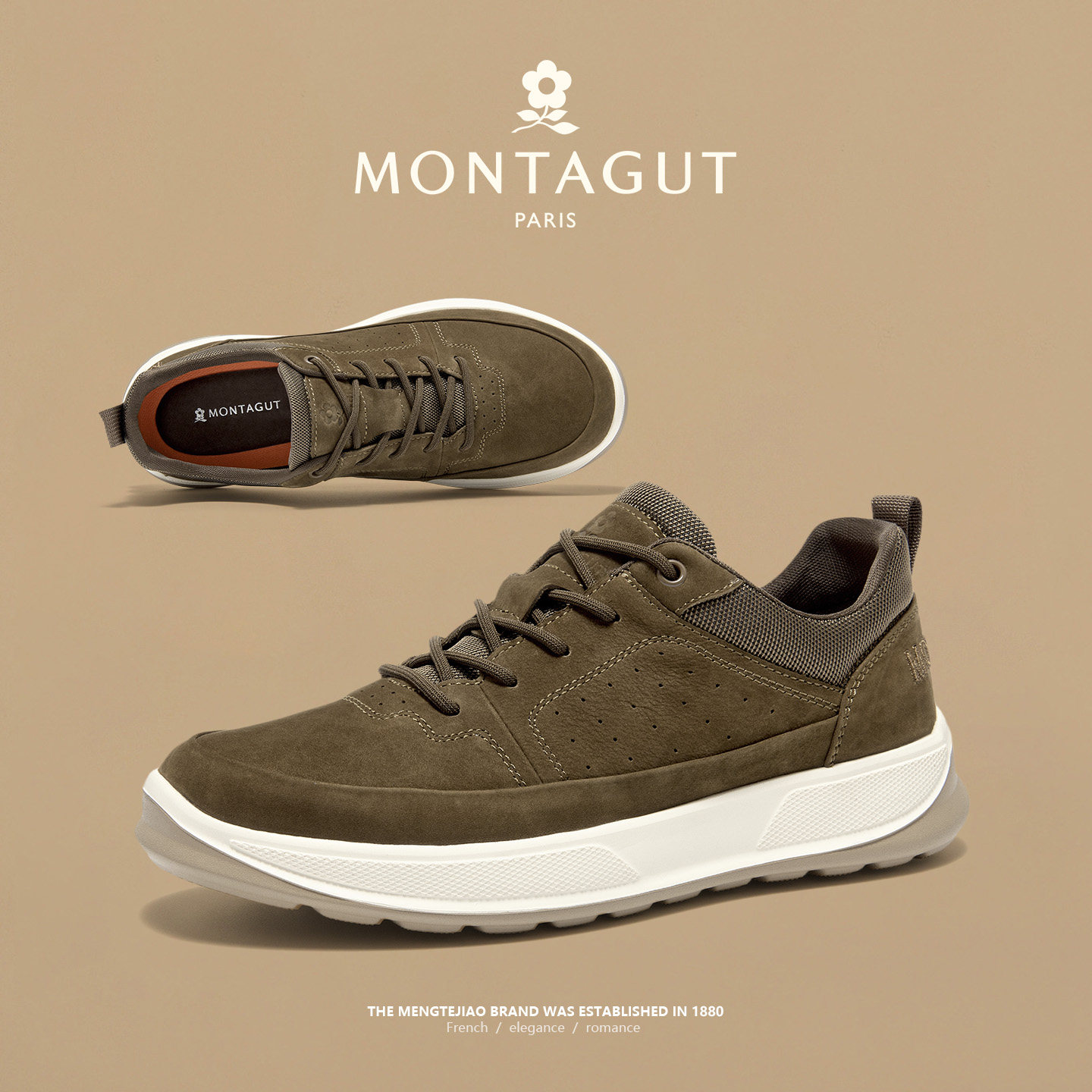 梦特娇男鞋2026新款磨砂反绒真皮板鞋春季时尚男士运动休闲登山鞋