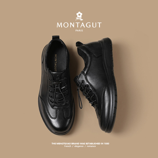 梦特娇休闲单鞋头层羊皮免系带鞋子男鞋冬季黑色软底运动皮鞋男士