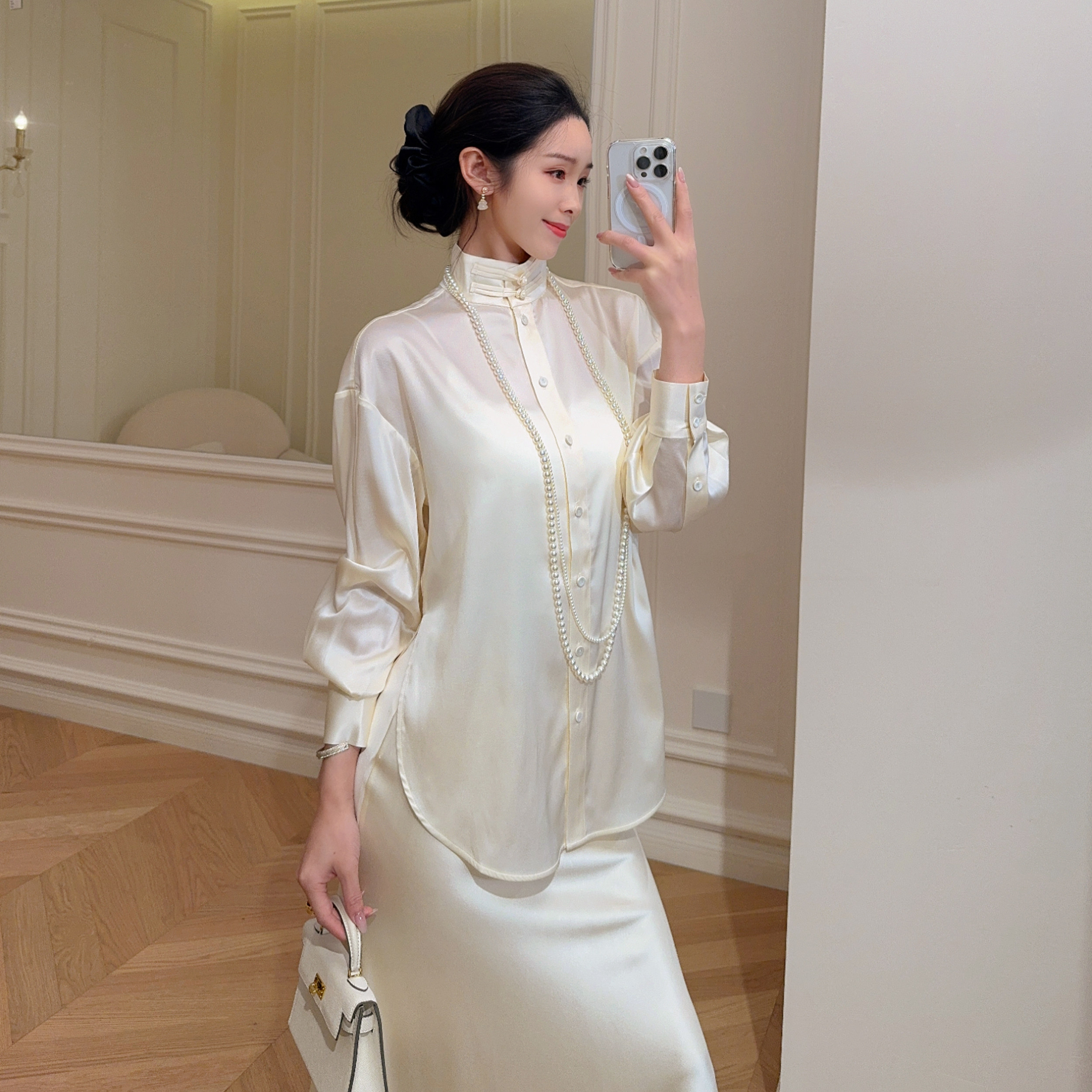 嫚渡|100%桑蚕丝立领盘扣长袖宽松显瘦优雅气质桑蚕丝衬衫