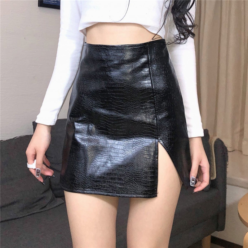 侧叉鳄鱼纹皮裙冬季大码短裙子