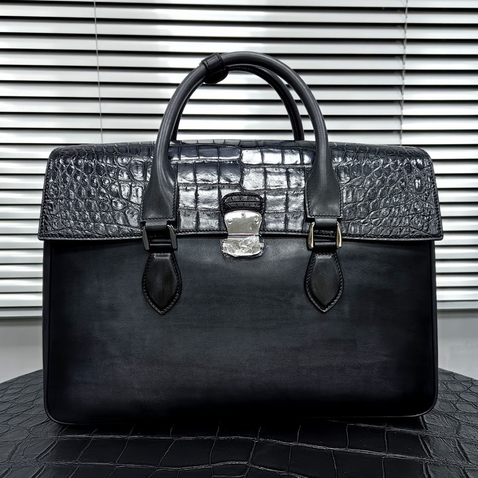 新款擦色鳄鱼皮拼牛皮男士公文包真皮商务高端奢侈翻盖电脑手提包