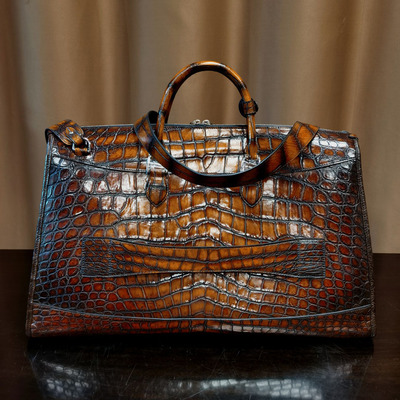 真皮旅行包擦色鳄鱼皮男士手提包大容量皮质出差行李包男款皮包