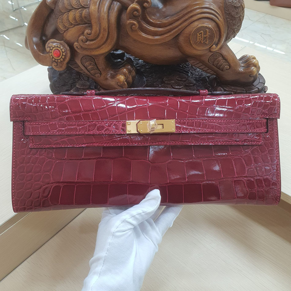 长款真皮凯莉女包高光酒红色湾鳄手提包宴会包腋下包包时尚手拿包