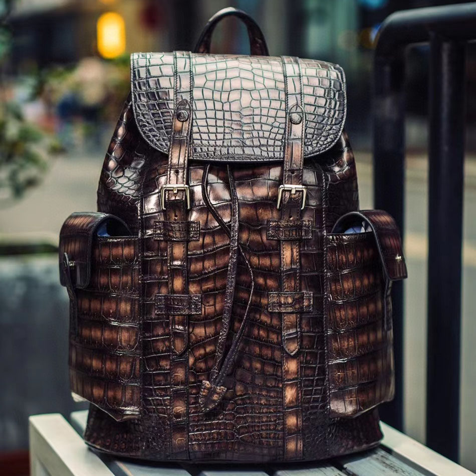 真皮男包时尚功能双肩包高端商务男士擦色鳄鱼皮拼牛皮电脑背包