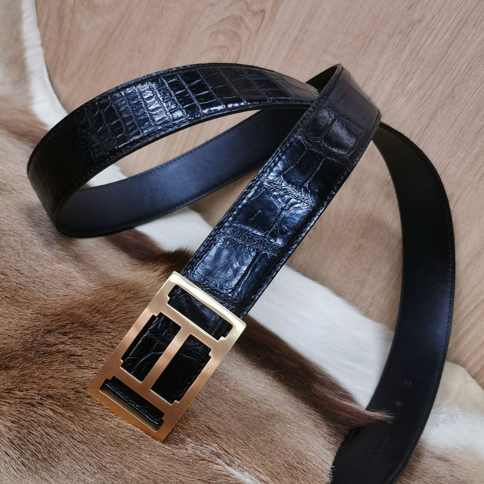 鳄鱼皮纯男士皮带真皮年轻人商务平滑扣青年潮流裤腰带带宽3.8cm