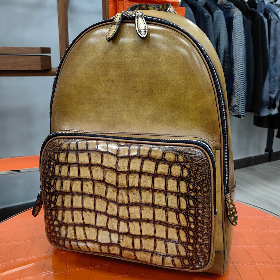 擦色美洲鳄拼牛皮男士双肩包真皮商务高端奢侈手工旅行包背包男款