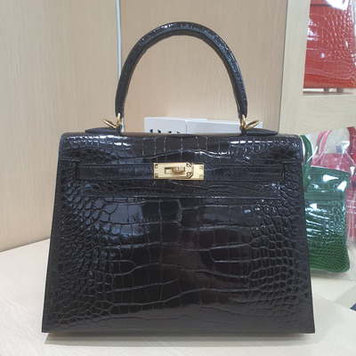 高光黑色美洲鳄鳄鱼皮凯莉包女包真皮二代手提单肩斜跨小包28号