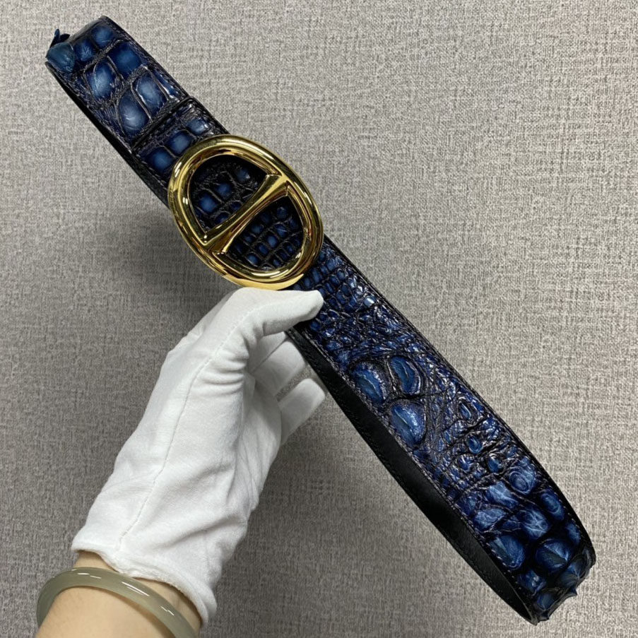 蓝色鳄鱼皮皮带男真皮商务休闲百搭平滑扣高档裤腰带3.8cm