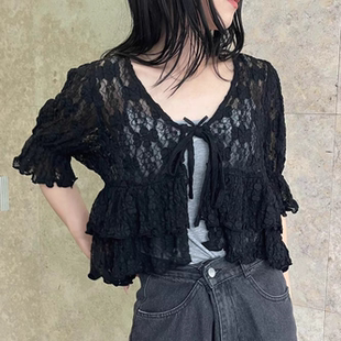 外贸日单 三色入 夏季新品 增添甜美感的蕾丝短上衣