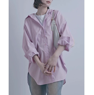 外贸日单 两色入 春季新品 修身显瘦条纹宽松衬衫上衣