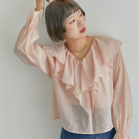 外贸日单 三色入 夏季新品 淑女日系 透明荷叶边衬衫