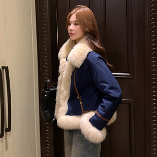 进口狐狸毛麂皮小香风年轻款 星夜钻蓝 羽绒皮草外套 studio GHJOD