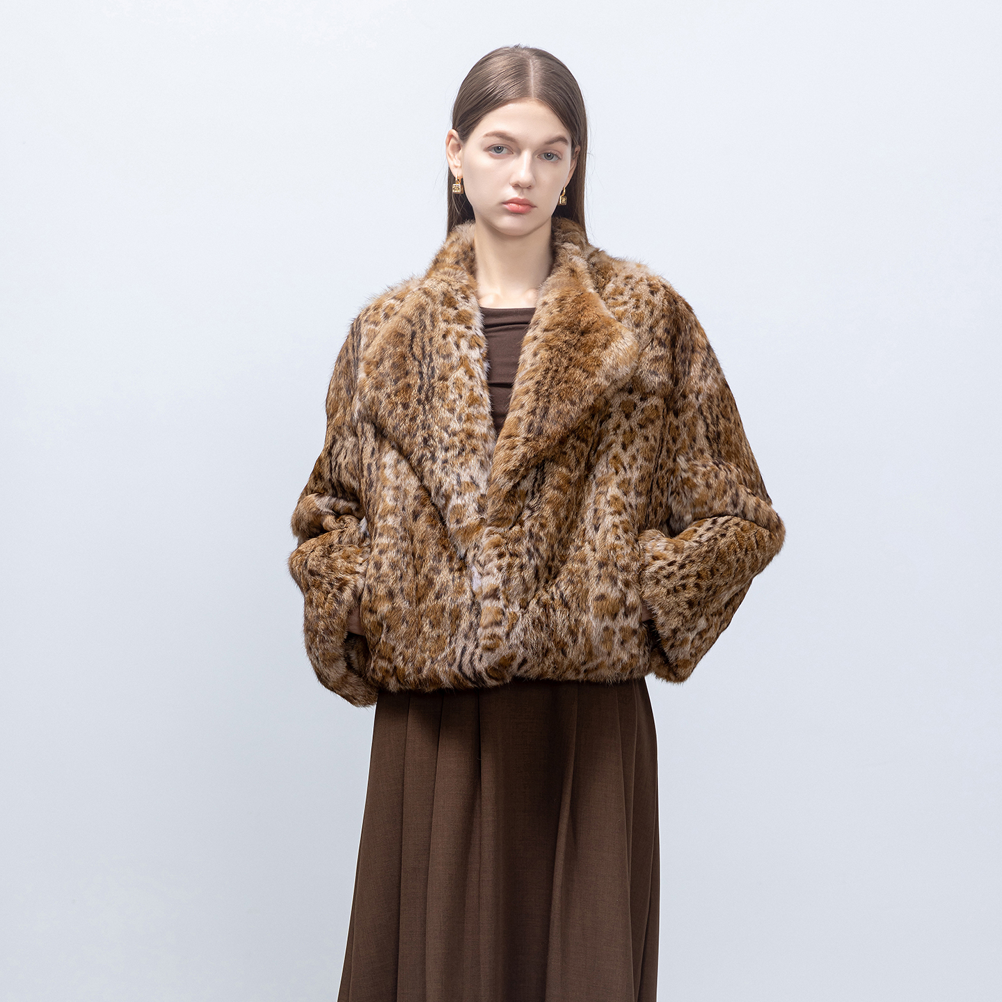 GHJOD豹纹短款兔毛皮草外套女